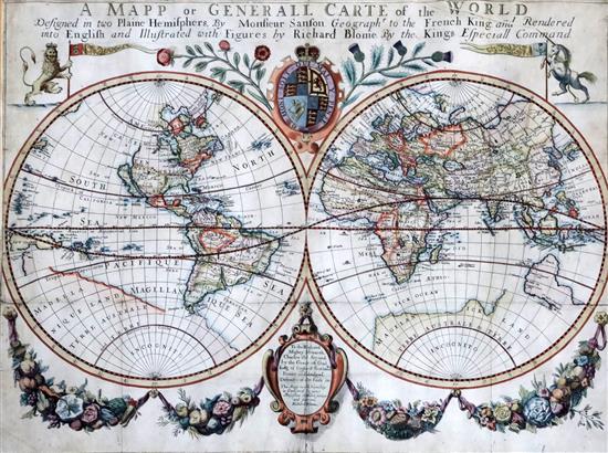 Richard Blome A Mapp or Generall Carte of the World, Designed in two Plaine Hemisphers by Monsieur Sanson.. ,1670 or later 15.75 x 21